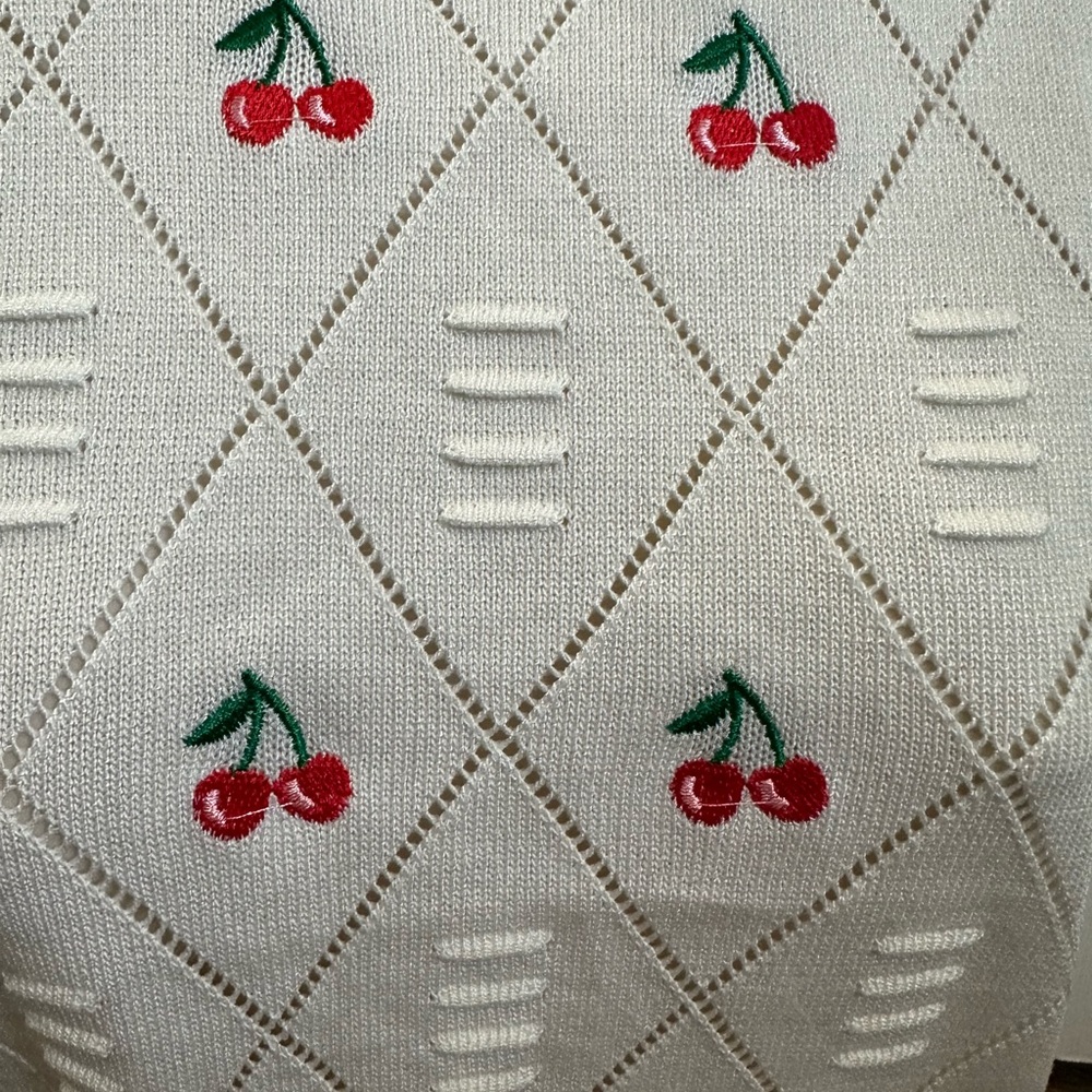 Cherry Patterned White Knit Top - image 4